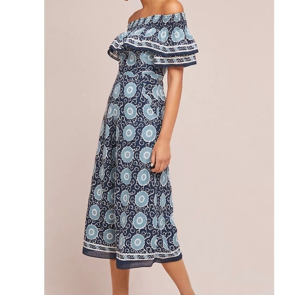 Anthropologie Kopal Jumpsuit Womens S‎ Blue Biji Suzani Ruffle Off-Shoulder Boho
